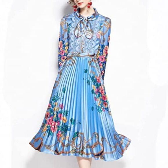 Dalia Macphee Women Lace Mosaic High Waist Long Sleeve Pleated Print Dre… - Picture 8 of 16